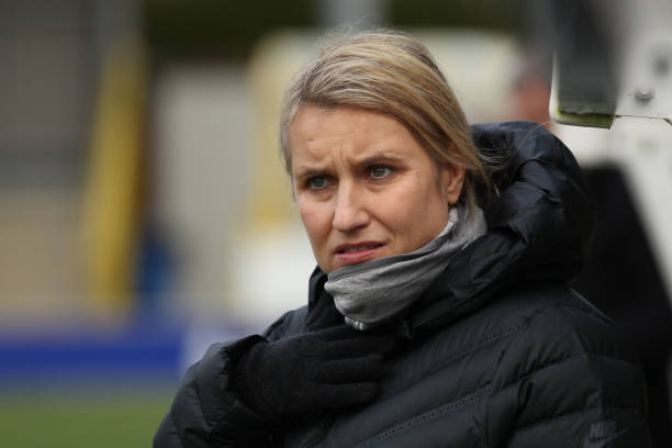 KINGSTON UPON THAMES, ENGLAND - JANUARY 06: Emma Hayes the Chelsea Women's manager looks on during the FA Women's Super League match between Chelsea Women and Everton Ladies at The Cherry Red Records Stadium on January 06, 2019 in Kingston upon Thames, England. (Photo by Ker Robertson/Getty Images)