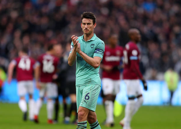 LONDON, ENGLAND - JANUARY 12: Laurent Koscielny of Arsenal applauds after the Premier League match between West Ham United and Arsenal FC at London Stadium on January 12, 2019 in London, United Kingdom. (Photo by Catherine Ivill/Getty Images)