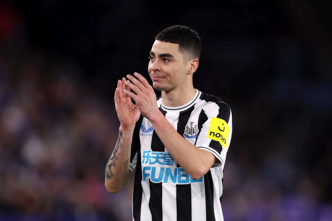 LEICESTER, ENGLAND - DECEMBER 26: Miguel Almiron of Newcastle United applauds fans after being substituted off during the Premier League match between Leicester City and Newcastle United at The King Power Stadium on December 26, 2022 in Leicester, England. (Photo by Nathan Stirk/Getty Images)