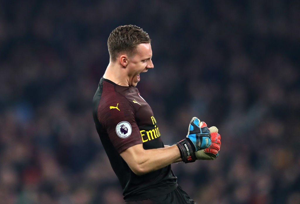 LONDON, ENGLAND - FEBRUARY 27: Bernd Leno of Arsenal celebrates his sides fourth goal during the Premier League match between Arsenal FC and AFC Bournemouth at Emirates Stadium on February 27, 2019 in London, United Kingdom. (Photo by Catherine Ivill/Getty Images)