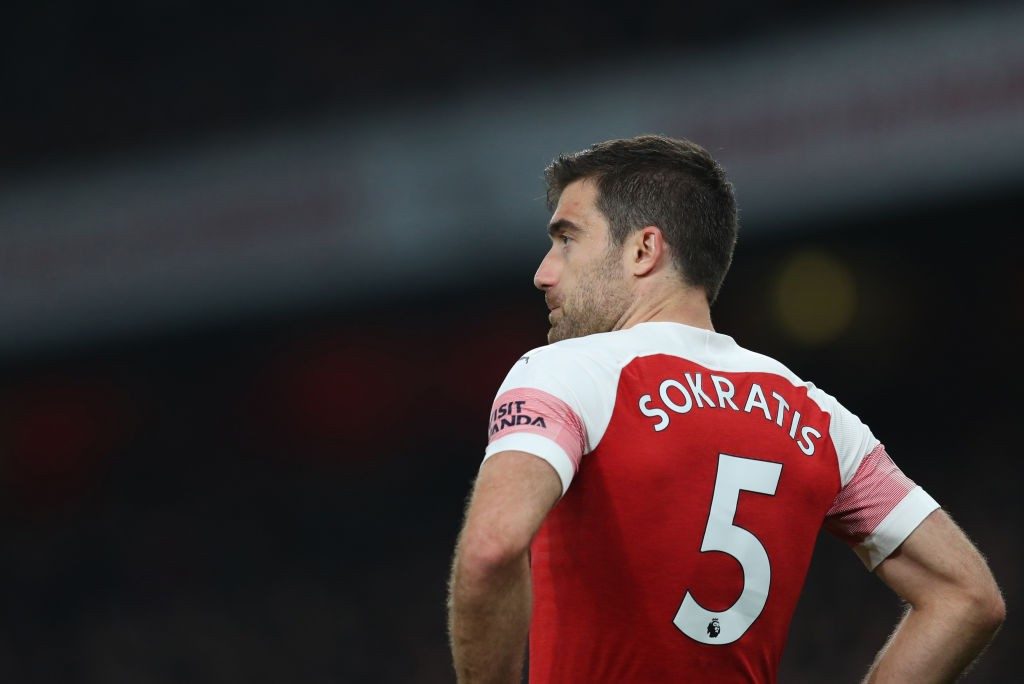 LONDON, ENGLAND - FEBRUARY 27: Sokratis Papastathopoulos of Arsenal during the Premier League match between Arsenal FC and AFC Bournemouth at Emirates Stadium on February 27, 2019 in London, United Kingdom. (Photo by Catherine Ivill/Getty Images)