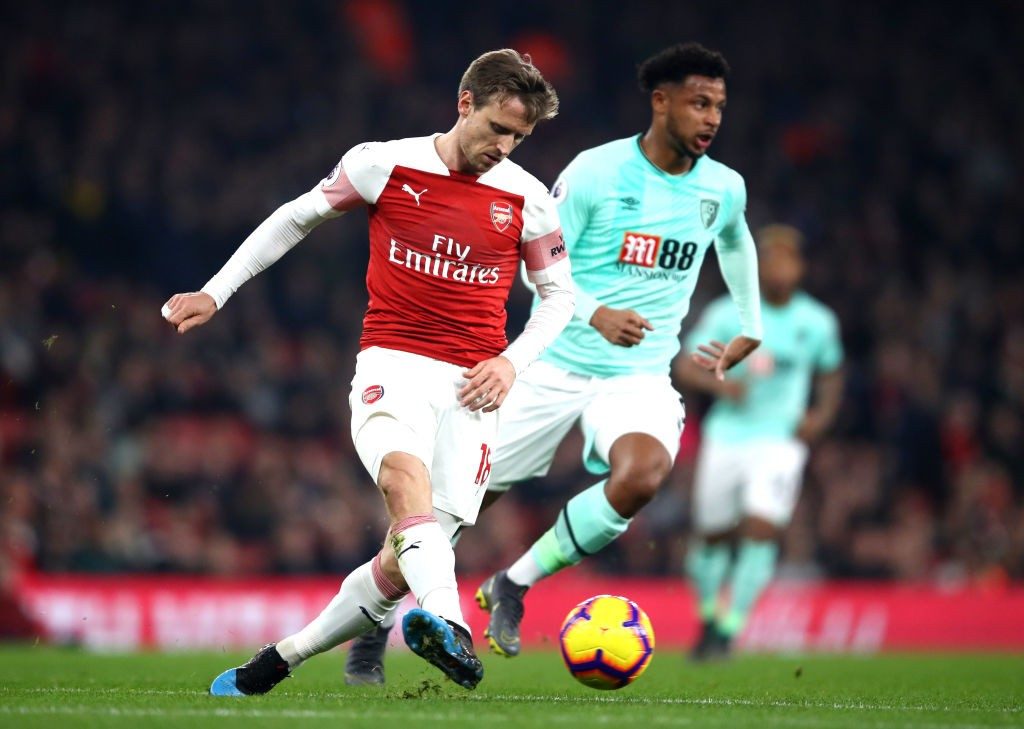 LONDON, ENGLAND - FEBRUARY 27: Nacho Monreal of Arsenal plays a pass during the Premier League match between Arsenal FC and AFC Bournemouth at Emirates Stadium on February 27, 2019 in London, United Kingdom. (Photo by Julian Finney/Getty Images)