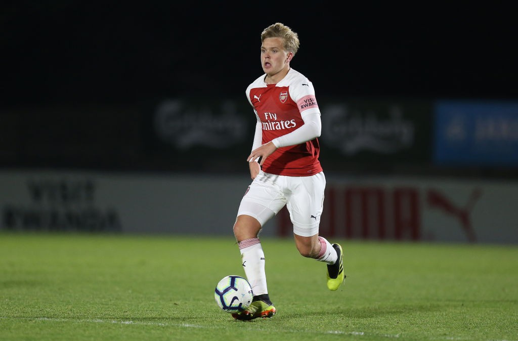 BOREHAMWOOD, ENGLAND - DECEMBER 12: Matthew Smith of Arsenal U18 in action during the FA Youth Cup 3rd Round match between Arsenal U18 and Northampton Town U18 at Meadow Park on December 12, 2018 in Borehamwood, England. (Photo by Pete Norton/Getty Images)