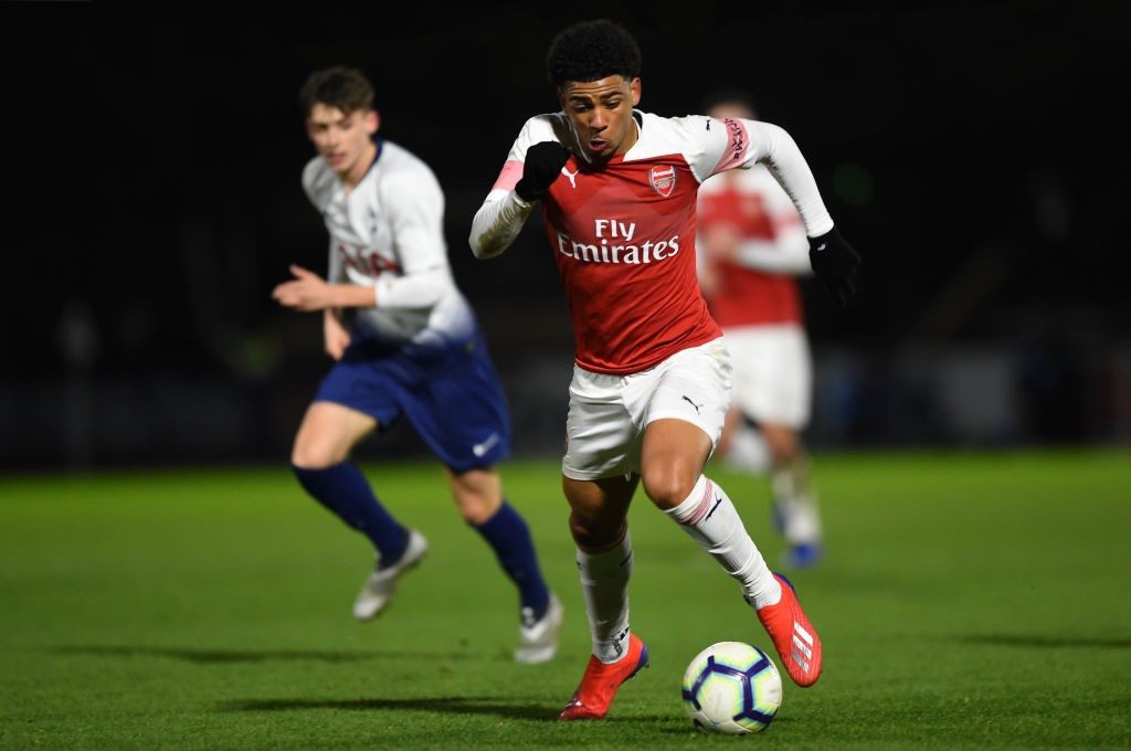 BOREHAMWOOD, ENGLAND - JANUARY 17: Xavier Amaechi of Arsenal runs with the ball during the Fourth Round FA Youth Cup match between Arsenal and Tottenham Hotspur at Meadow Park on January 17, 2019 in Borehamwood, England. (Photo by Harriet Lander/Getty Images)