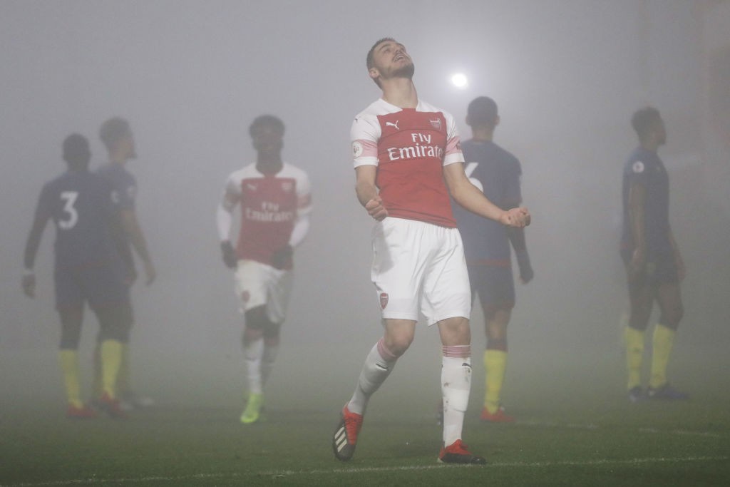 BOREHAMWOOD, ENGLAND - FEBRUARY 04: Konstantinos Mavropanos of Arsenal celebrates after he scores his sides third goal during the Premier League 2 match between Arsenal and West Ham at Meadow Park on February 4, 2019 in Borehamwood, England. (Photo by Naomi Baker/Getty Images)