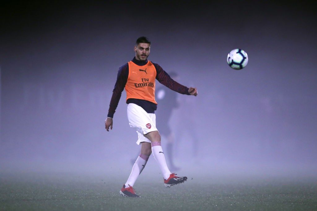 BOREHAMWOOD, ENGLAND - FEBRUARY 04: Konstantinos Mavropanos of Arsenal warms up ahead of the Premier League 2 match between Arsenal and West Ham at Meadow Park on February 04, 2019 in Borehamwood, England. (Photo by Alex Pantling/Getty Images)