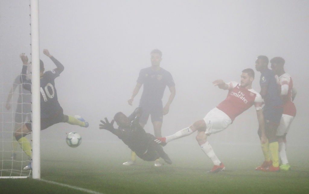 BOREHAMWOOD, ENGLAND - FEBRUARY 04: Konstantinos Mavropanos of Arsenal scores his sides third goal during the Premier League 2 match between Arsenal and West Ham at Meadow Park on February 4, 2019 in Borehamwood, England. (Photo by Naomi Baker/Getty Images)