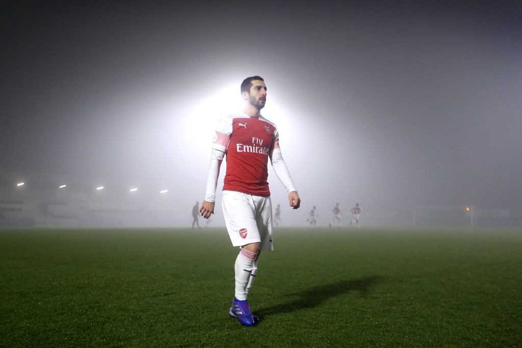 BOREHAMWOOD, ENGLAND - FEBRUARY 04: Herikh Mkhitaryan of Arsenal leaves the pitch after the match is called off due to poor weather conditions of the Premier League 2 match between Arsenal and West Ham at Meadow Park on February 04, 2019 in Borehamwood, England. (Photo by Alex Pantling/Getty Images)