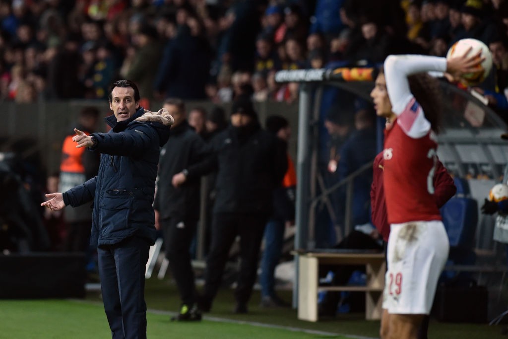 Arsenal's Spanish head coach Unai Emery gestures during the UEFA Europa League round of 32 first leg football match between FC BATE Borisov and Arsenal FC in Borisov outside Minsk on February 14, 2019. (Photo by Sergei GAPON / AFP / Getty Images)