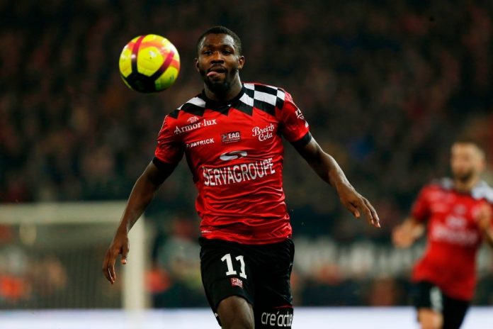 Guingamp's French forward Marcus Thuram runs for the ball during the French L1 football match between Guingamp (EAG) and Angers (SCO) at The Roudourou Stadium in Guingamp, north-western France on February 23, 2019. (Photo by CHARLY TRIBALLEAU / AFP / Getty Images)