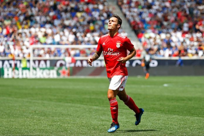HARRISON, NJ - JULY 28: Alejandro Grimaldo #3 of Benfica celebrates scoring a goal against Juventus during the International Champions Cup 2018 match between Benfica and Juventus at Red Bull Arena on July 28, 2018 in Harrison, New Jersey. (Photo by Adam Hunger/Getty Images)