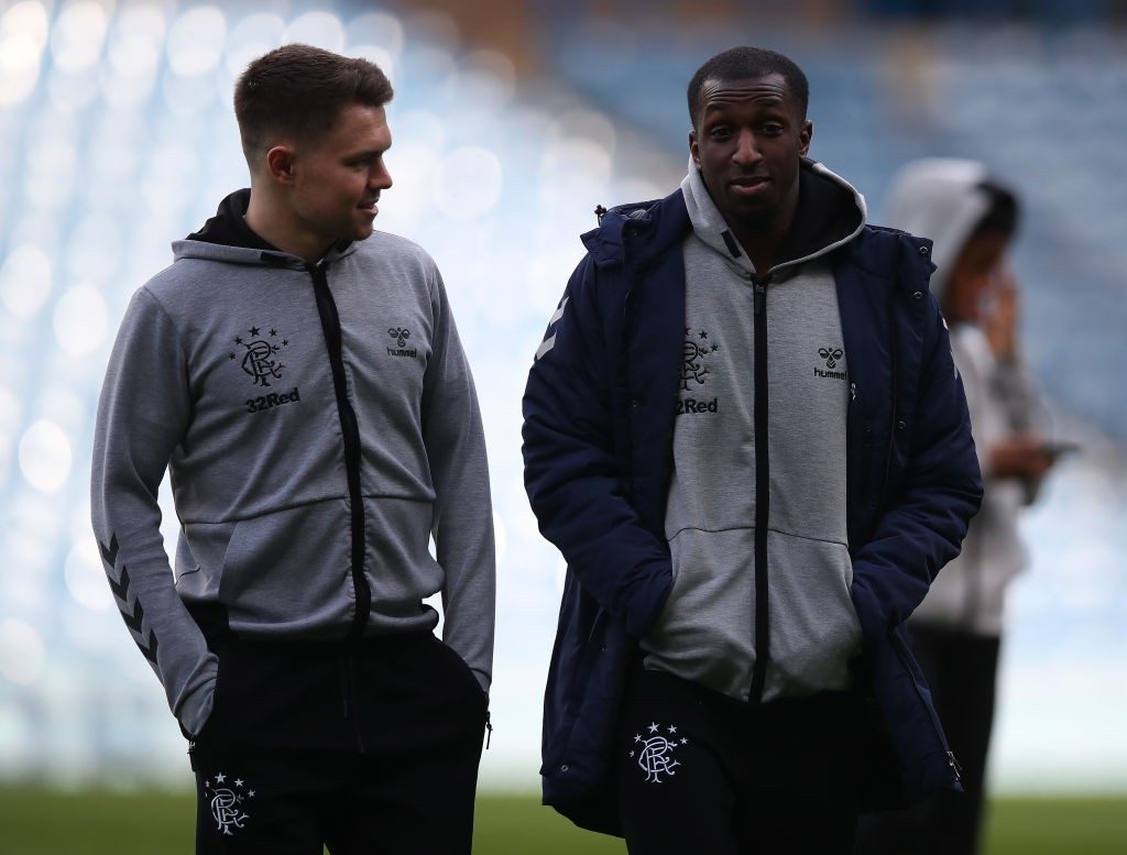 GLASGOW, SCOTLAND - FEBRUARY 16: Glenn Middleton and Glen Kamara of Rangers are seen prior to the Ladbrookes Scottish Premiership match between Rangers and St Johnstone at Ibrox Stadium on February 16, 2019 in Glasgow, Scotland. (Photo by Ian MacNicol/Getty Images)