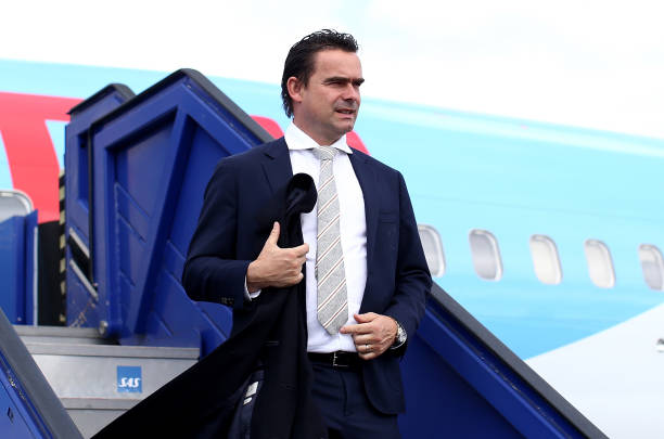 STOCKHOLM, SWEDEN - MAY 23: In this handout image provided by UEFA, Marc Overmars arrives with the Ajax team ahead of the UEFA Europa League Final between Ajax and Manchester United at Stockholm Arlanda Airport on May 23, 2017 in Stockholm, Sweden. (Photo by Handout/UEFA via Getty Images)