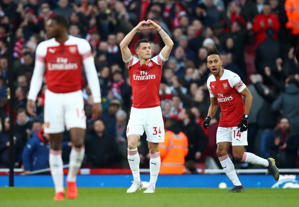 LONDON, ENGLAND - MARCH 10: Granit Xhaka of Arsenal celebrates after scoring his team's first goal during the Premier League match between Arsenal FC and Manchester United at Emirates Stadium on March 10, 2019, in London, United Kingdom. (Photo by Julian Finney/Getty Images)