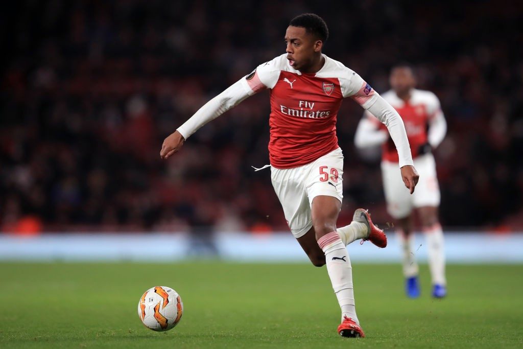 LONDON, ENGLAND - DECEMBER 13: Joe Willock of Arsenal during the UEFA Europa League Group E match between Arsenal and Qarabag FK at Emirates Stadium on December 13, 2018 in London, United Kingdom. (Photo by Marc Atkins/Getty Images)