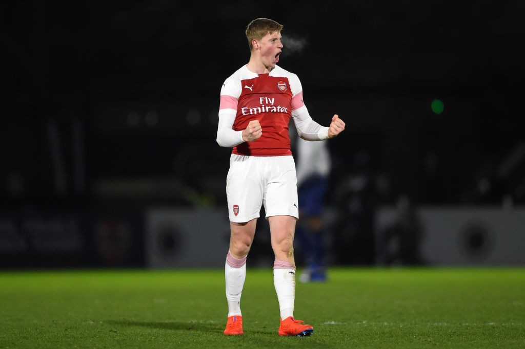BOREHAMWOOD, ENGLAND - JANUARY 17: Mark McGuinness of Arsenal celebrates following his team's victory in the Fourth Round FA Youth Cup match between Arsenal and Tottenham Hotspur at Meadow Park on January 17, 2019 in Borehamwood, England. (Photo by Harriet Lander/Getty Images)
