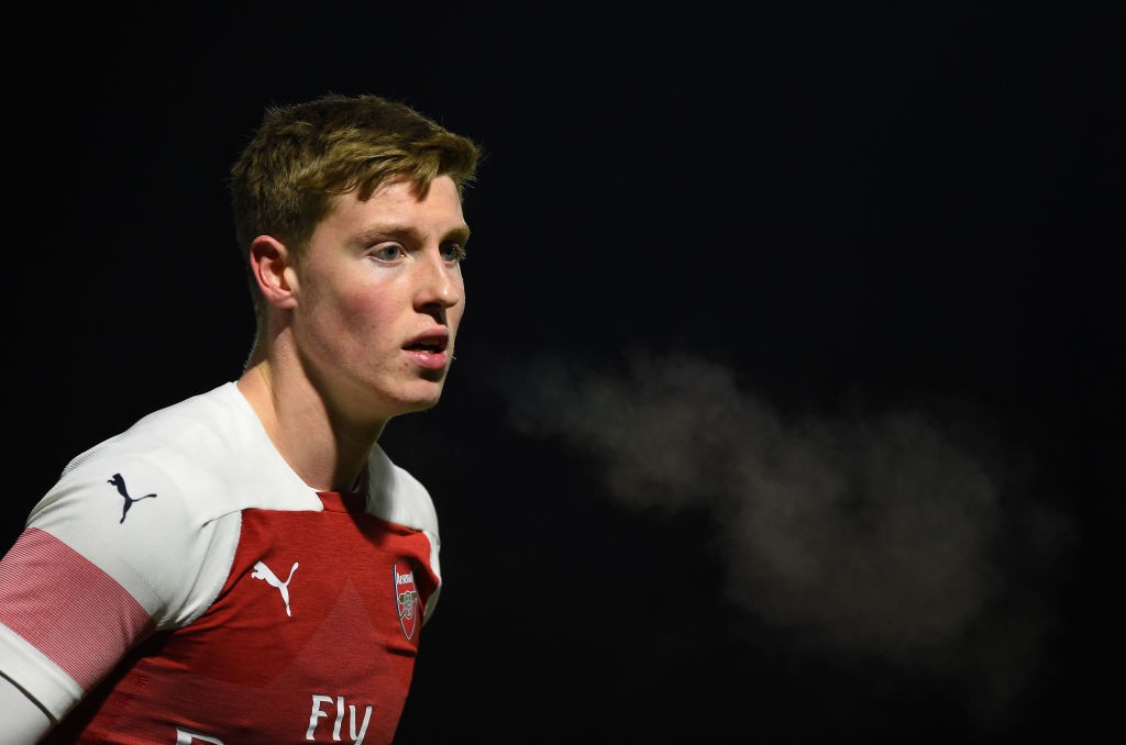 BOREHAMWOOD, ENGLAND - JANUARY 17: Mark McGuinness of Arsenal looks on during the Fourth Round FA Youth Cup match between Arsenal and Tottenham Hotspur at Meadow Park on January 17, 2019 in Borehamwood, England. (Photo by Harriet Lander/Getty Images)
