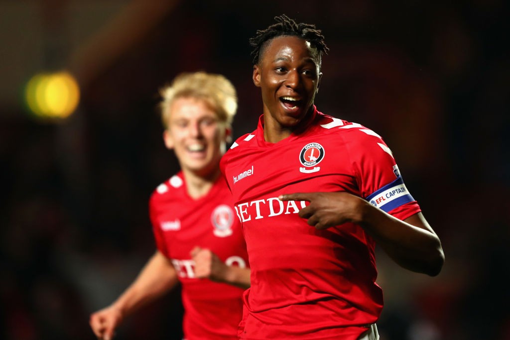 LONDON, ENGLAND - NOVEMBER 01: Joe Aribo of Charlton celebrates after scoring his sides third goal to win the match during the Checkatrade Trophy match between Charlton and Fulham at The Valley on November 1, 2017 in London, England. (Photo by Naomi Baker/Getty Images)