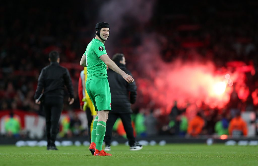 LONDON, ENGLAND - MARCH 14: Petr Cech of Arsenal celebrates at full-time of the UEFA Europa League Round of 16 Second Leg match between Arsenal and Stade Rennais at Emirates Stadium on March 14, 2019, in London, England. (Photo by Alex Morton/Getty Images)