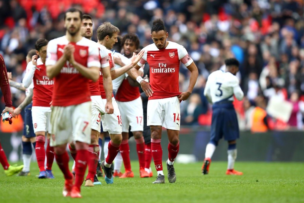 LONDON, ENGLAND - MARCH 02: Pierre-Emerick Aubameyang of Arsenal reacts after the Premier League match between Tottenham Hotspur and Arsenal FC at Wembley Stadium on March 02, 2019 in London, United Kingdom. (Photo by Julian Finney/Getty Images)