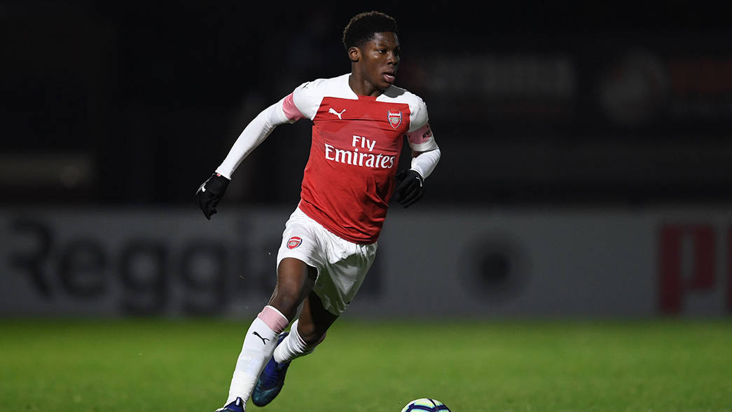BOREHAMWOOD, ENGLAND - DECEMBER 12: Yunus Musah of Arsenal during the match between Arsenal U18 and Northampton Town U18 at Meadow Park on December 12, 2018 in Borehamwood, England. (Photo by David Price/Arsenal FC via Getty Images)