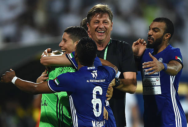 DUBAI, UNITED ARAB EMIRATES - OCTOBER 14:  Abdelaziz Baradda of Al Nasr celebrates with the team scoring his side's first goal during the Arabian Gulf League match between Al Wasl and Al Nasr at Zabeel Stadium on October 14, 2016 in Dubai, United Arab Emirates.  (Photo by Tom Dulat/Getty Images)
