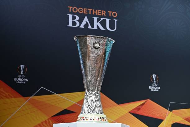 The Europa League trophy is displayed ahead of the competition's quarter-finals draw, on March 15, 2019 in Nyon. (Photo by Fabrice COFFRINI / AFP)