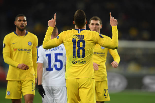 KIEV, UKRAINE - MARCH 14: Olivier Giroud of Chelsea celebrates after scoring his team's second goal during the UEFA Europa League Round of 16 Second Leg match between Dynamo Kyiv and Chelsea at NSC Olimpiyskiy Stadium on March 14, 2019 in Kiev, Ukraine. (Photo by Mike Hewitt/Getty Images)