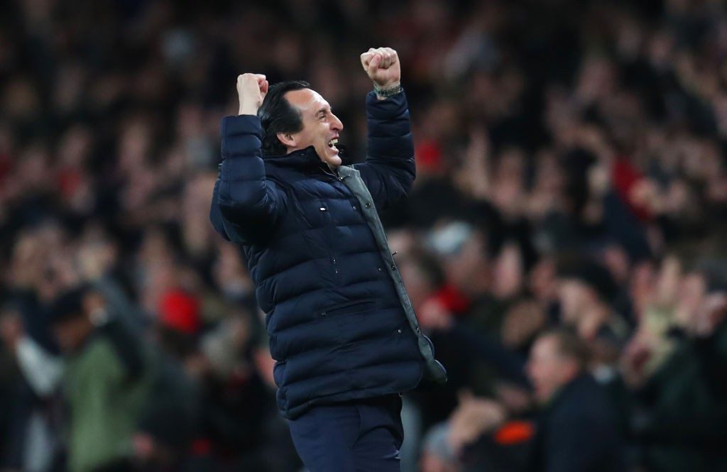 LONDON, ENGLAND - APRIL 01: Unai Emery, Manager of Arsenal celebrates as Aaron Ramsey of Arsenal scores his team's first goal during the Premier League match between Arsenal FC and Newcastle United at Emirates Stadium on April 01, 2019 in London, United Kingdom. (Photo by Catherine Ivill/Getty Images)