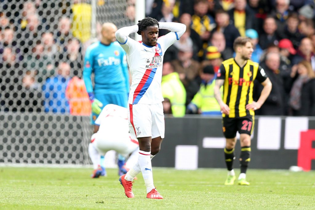 WATFORD, ENGLAND - MARCH 16: Jeffrey Schlupp of Crystal Palace looks dejected during the FA Cup Quarter Final match between Watford and Crystal Palace at Vicarage Road on March 16, 2019 in Watford, England. (Photo by Alex Morton/Getty Images)