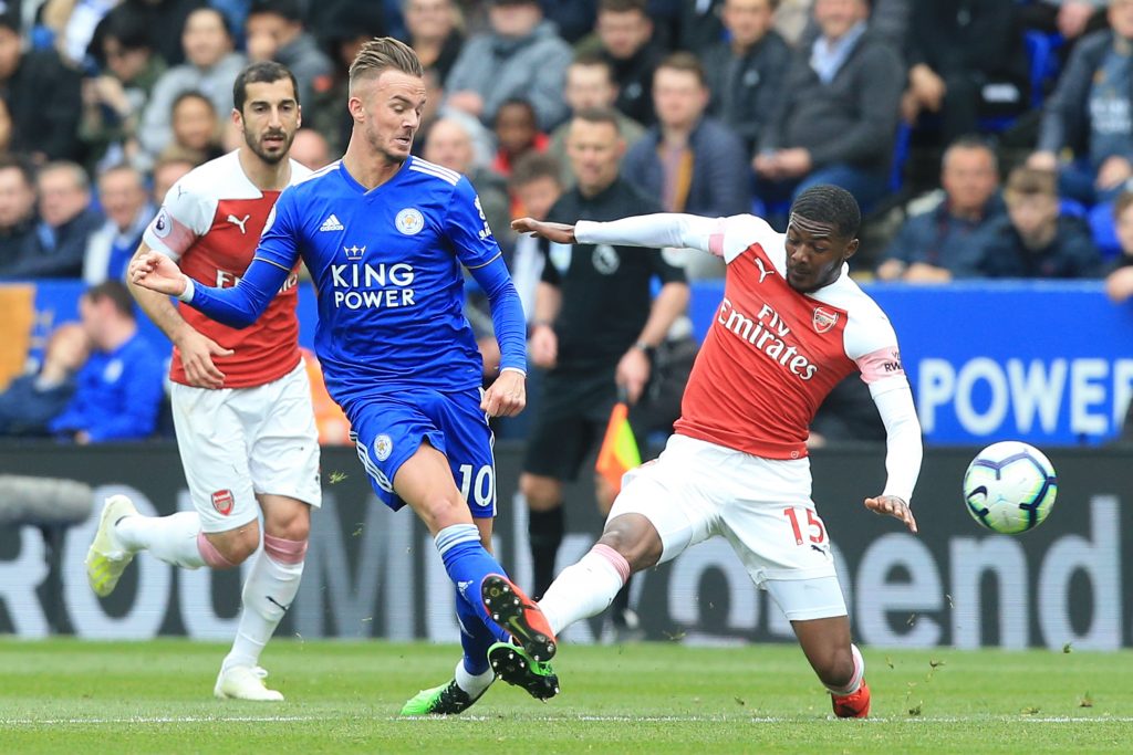 Arsenal's English midfielder Ainsley Maitland-Niles (R) comes in for a late challenge on Leicester City's English midfielder James Maddison (L) for which he receives his second yellow card and gets sent off during the English Premier League football match between Leicester City and Arsenal at King Power Stadium in Leicester, central England on April 28, 2019. (Photo by Lindsey PARNABY / AFP) / RESTRICTED TO EDITORIAL USE. No use with unauthorized audio, video, data, fixture lists, club/league logos or 'live' services. Online in-match use limited to 120 images. An additional 40 images may be used in extra time. No video emulation. Social media in-match use limited to 120 images. An additional 40 images may be used in extra time. No use in betting publications, games or single club/league/player publications. / (Photo credit should read LINDSEY PARNABY/AFP/Getty Images)