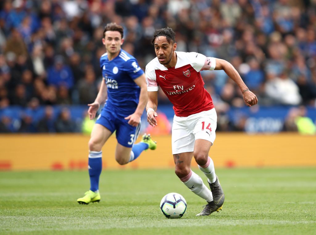 LEICESTER, ENGLAND - APRIL 28:  Pierre-Emerick Aubameyang of Arsenal runs with the ball during the Premier League match between Leicester City and Arsenal FC at The King Power Stadium on April 28, 2019 in Leicester, United Kingdom. (Photo by Marc Atkins/Getty Images)