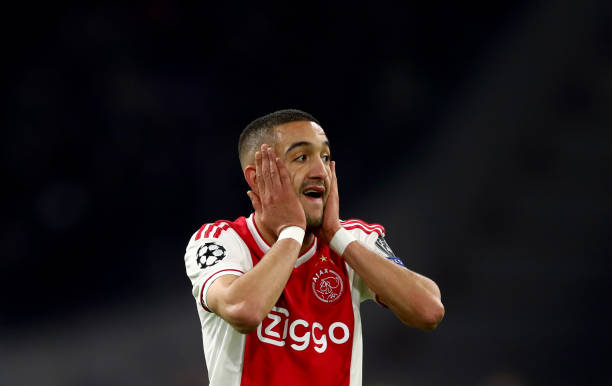 AMSTERDAM, NETHERLANDS - APRIL 10: Hakim Ziyech of Amsterdam reacts during the UEFA Champions League Quarter Final first leg match between Ajax and Juventus at Johan Cruyff Arena on April 10, 2019 in Amsterdam, Netherlands. (Photo by Lars Baron/Getty Images)