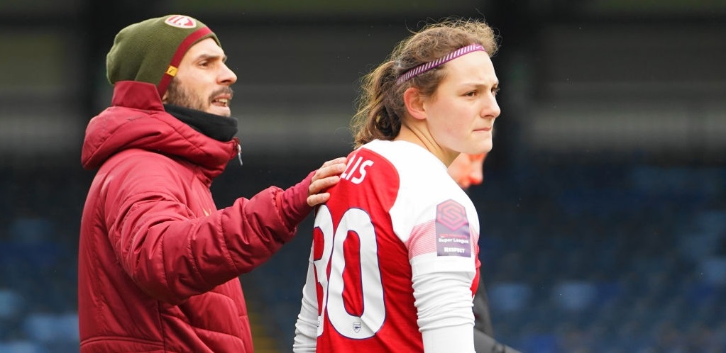 Melissa Filis of Arsenal gets subbed in during the FA Women's Super league football match between Reading Women and Arsenal Women at Adams Park, Wycombe Wanderers FC, on January 27th in High Wycombe, England. (Photo by Action Foto Sport/NurPhoto via Getty Images)