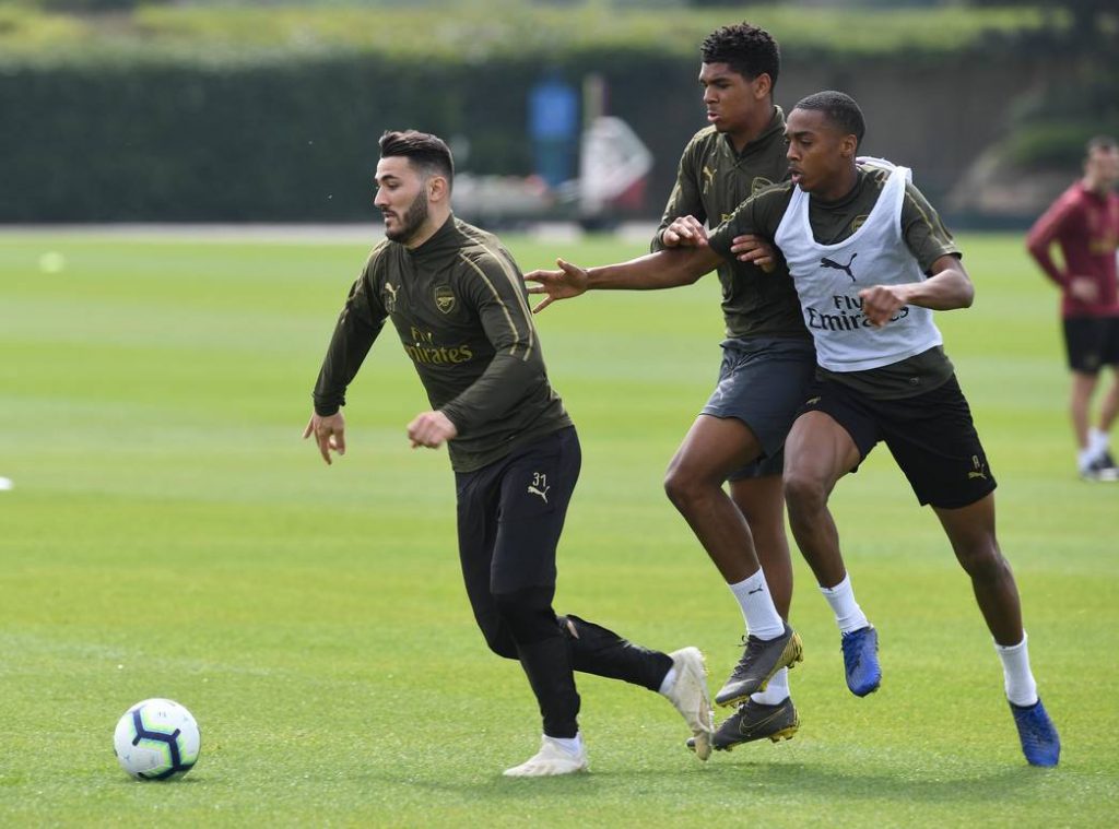 ST ALBANS, ENGLAND - APRIL 23: of Arsenal during a training session at London Colney on April 23, 2019 in St Albans, England. (Photo by Stuart MacFarlane/Arsenal FC via Getty Images)