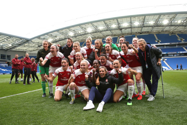 BRIGHTON, ENGLAND - APRIL 28: The Arsenal Women players celebrate winning the FA WSL League after the WSL match between Brighton and Hove Albion Women and Arsenal Women at Amex Stadium on April 28, 2019 in Brighton, England. (Photo by Steve Bardens/Getty Images)