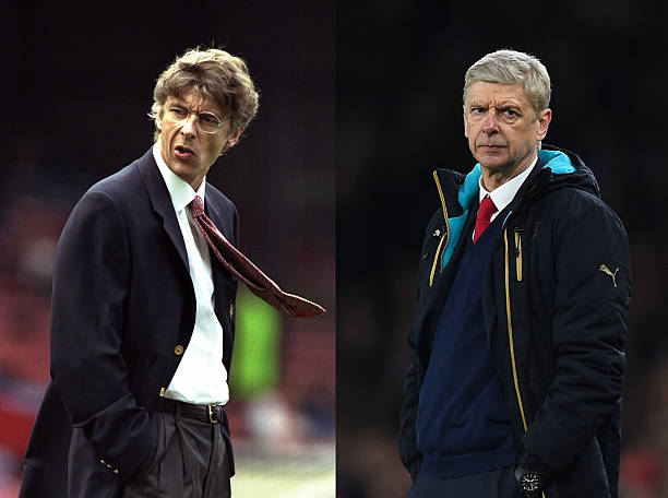 Image numbers (L) 1530530 and 511891146) In this composite image a comparison has been made between Arsene Wenger,Manager of Arsenal (L) in 1996 and in 2016. Arsene Wenger celebrates 20 years in charge of Arsenal this season. ***LEFT IMAGE*** 2 Nov 1996: Arsene Wenger the manager of Arsenal during the FA Carling Premier league match between Wimbledon and Arsenal at Selhurst Park in London. The match ended in a 2-2 draw. Mandatory Credit: Stu Forster/Allsport ***RIGHT IMAGE***LONDON, ENGLAND - FEBRUARY 23: Arsene Wenger the manager of Arsenal looks on during the UEFA Champions League round of 16, first leg match between Arsenal FC and FC Barcelona at the Emirates Stadium on February 23, 2016 in London, United Kingdom. (Photo by Shaun Botterill/Getty Images)