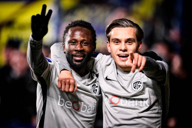 Genk's Dieumerci Ndongala and Genk's Leandro Trossard celebrate during the soccer match between STVV Sint-Truiden and KRC Racing Genk, Friday 18 January 2019 in Sint-Truiden, on the 22nd day of the 'Jupiler Pro League' Belgian soccer championship season 2018-2019. BELGA PHOTO YORICK JANSENS 