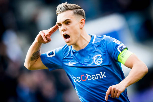 Genk's Leandro Trossard celebrate after scoring during a soccer match between RC Genk and Club Brugge, Sunday 14 April 2019 in Genk, on day 4 (out of 10) of the Play-off 1 of the 'Jupiler Pro League' Belgian soccer championship. BELGA PHOTO JASPER JACOBS