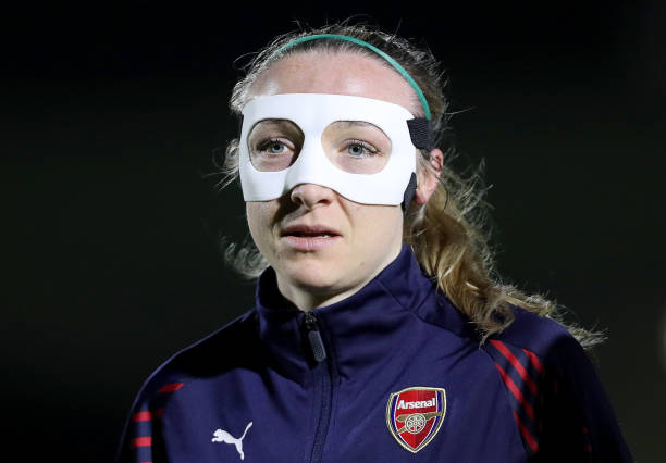 BOREHAMWOOD, ENGLAND - MARCH 14: Louise Quinn of Arsenal looks on while wearing a protective face mask prior the The Football Association Women's Super League match between Arsenal Women and Bristol City Women at Meadow Park on March 14, 2019 in Borehamwood, England. (Photo by James Chance/Getty Images)