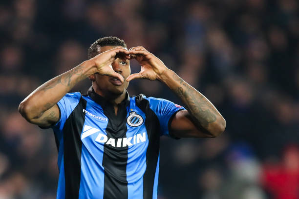 Club's Wesley Moraes forms a heart with his hands as he celebrates after scoring during a soccer game between Belgian team Club Brugge KV and Austrian club FC Red Bull Salzburg, the first leg of the 1/16 finals (round of 32) in the Europa League competition, Thursday 14 February 2019 in Brugge. BELGA PHOTO BRUNO FAHY  