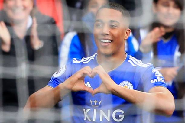 Leicester City's Belgian midfielder Youri Tielemans celebrates scoring the opening goal during the English Premier League soccer match between Leicester City and Arsenal at the King Power Stadium in Leicester, central England, on 28 April 2019. (Photo by Lindsey PARNABY / AFP)