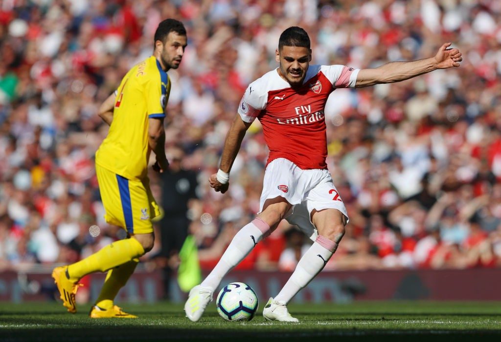 LONDON, ENGLAND - APRIL 21: Konstantinos Mavropanos of Arsenal shoots during the Premier League match between Arsenal FC and Crystal Palace at Emirates Stadium on April 21, 2019 in London, United Kingdom. (Photo by Warren Little/Getty Images)