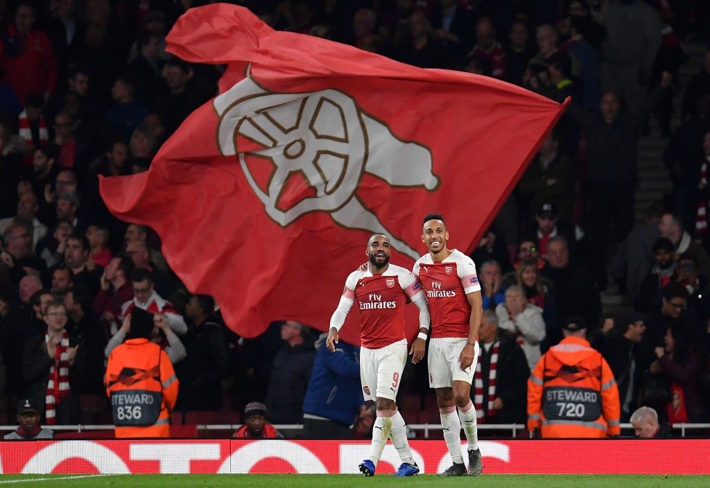 LONDON, ENGLAND - MAY 02: Pierre-Emerick Aubameyang of Arsenal celebrates after scoring his team's third goal with Alexandre Lacazette during the UEFA Europa League Semi Final First Leg match between Arsenal and Valencia at Emirates Stadium on May 02, 2019 in London, England. (Photo by Justin Setterfield/Getty Images)