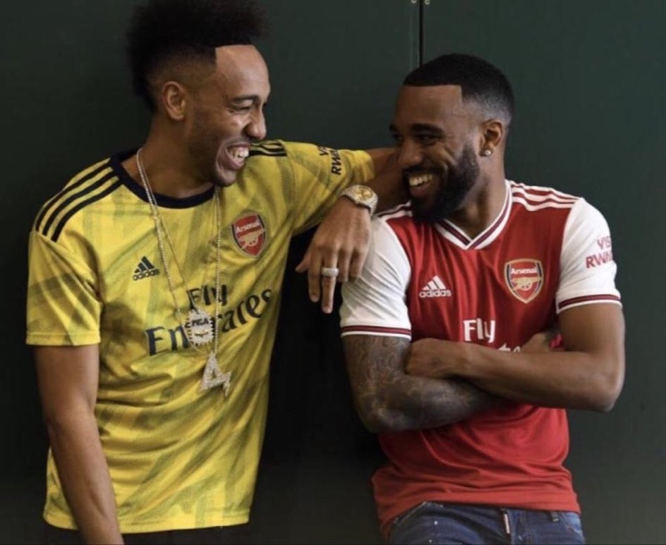Pierre-Emerick Aubameyang and Alexandre Lacazette modelling the new Arsenal Adidas Home and Away kits for 2019/20 in leaked pictures