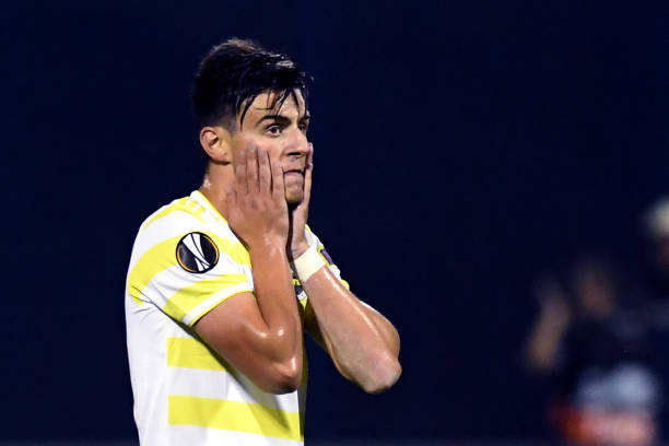 Fenerbahce's Macedonian midfielder Eljif Elmas reacts after his team took a goal  during the Europa League Group D match between Dinamo Zagreb and Fenerbahce at The Maksimir Stadium in Zagreb on September 20, 2018. (Photo by STR / AFP)       