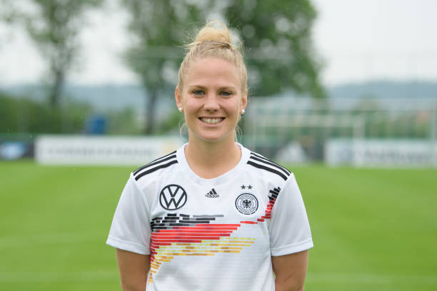 GRASSAU, GERMANY - MAY 27: Leonie Maier poses during Germany Women's Team Presentation on May 27, 2019 in Grassau, Germany. (Photo by Sebastian Widmann/Getty Images for DFB)