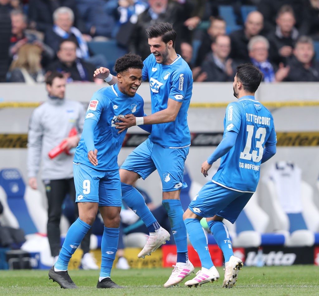 SINSHEIM, GERMANY - APRIL 14: Reiss Nelson of Hoffenheim celebrates scoring his team's second goal with teamates during the Bundesliga match between TSG 1899 Hoffenheim and Hertha BSC at PreZero-Arena on April 14, 2019 in Sinsheim, Germany. (Photo by Simon Hofmann/Bongarts/Getty Images)