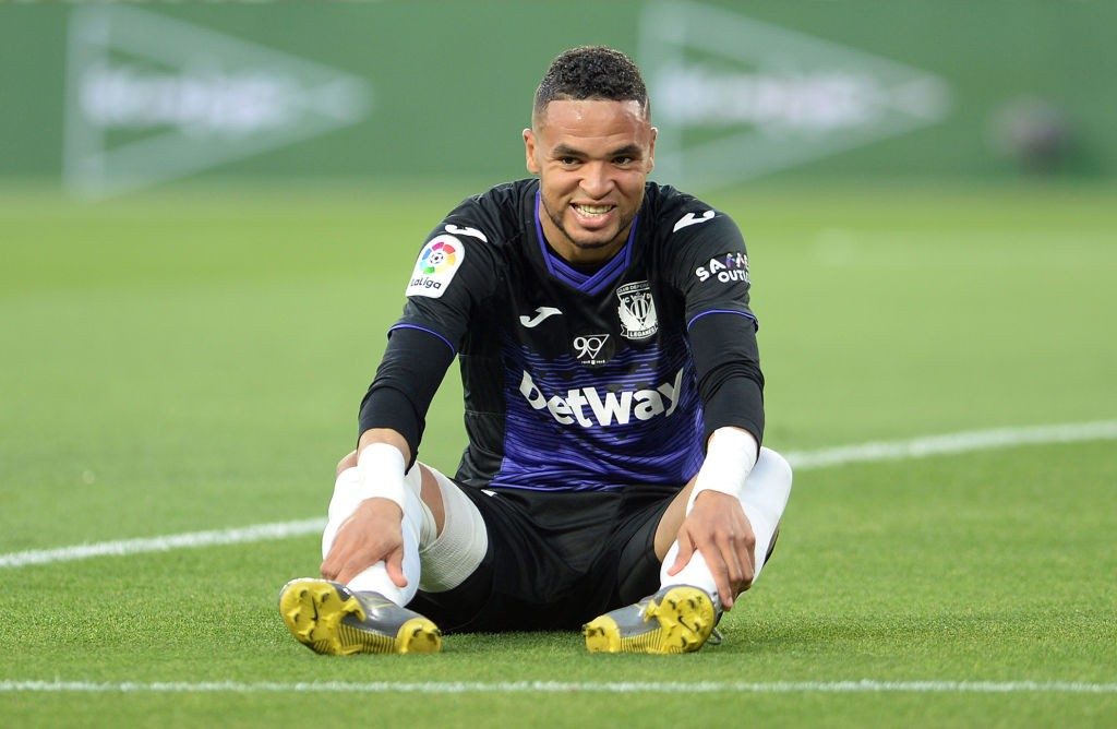 Leganes' Moroccan forward Youssef En-Nesyri sits on the field during the Spanish league football match between Sevilla FC and Club Deportivo Leganes SAD at the Ramon Sanchez Pizjuan stadium in Seville on May 3, 2019. (Photo by CRISTINA QUICLER / AFP)