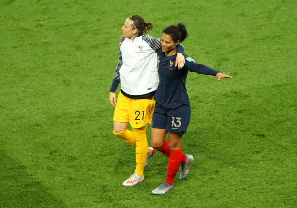 PARIS, FRANCE - JUNE 07: Pauline Peyraud-Magnin and Valerie Gauvin of France celebrate following the 2019 FIFA Women's World Cup France group A match between France and Korea Republic at Parc des Princes on June 07, 2019 in Paris, France. (Photo by Robert Cianflone/Getty Images)